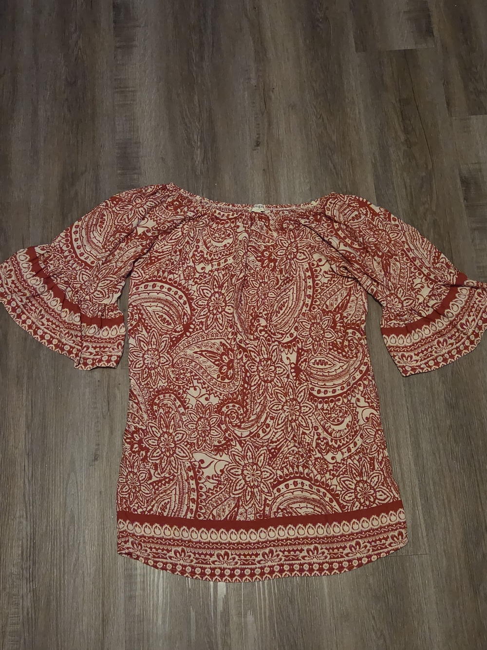 Womens Red Paisley Off-Shoulder Blouse